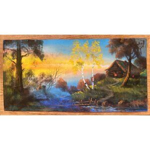 Antique Chalk Original Cabin Landscape On Flint Paper Signed By Artist